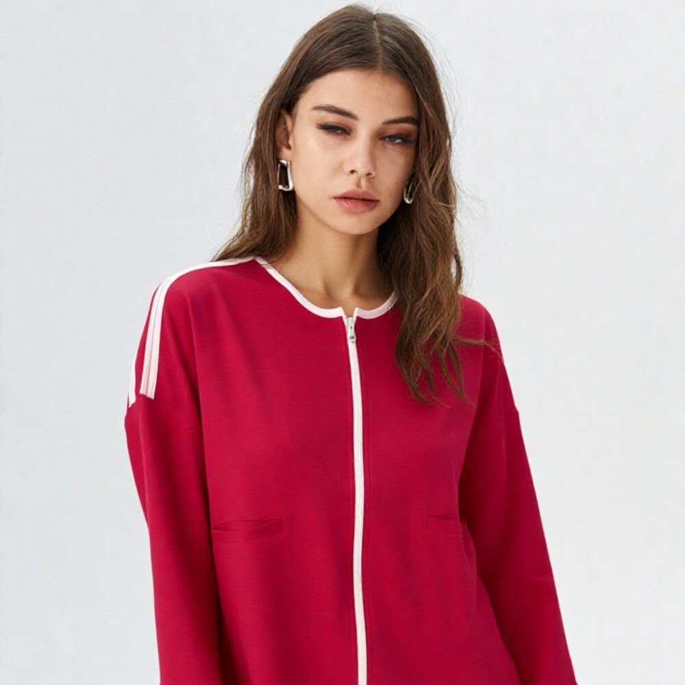 Joan Vass Fuchsia Pink Cotton Zip Cardigan White Trim 3/4 Sleeve Size 2P